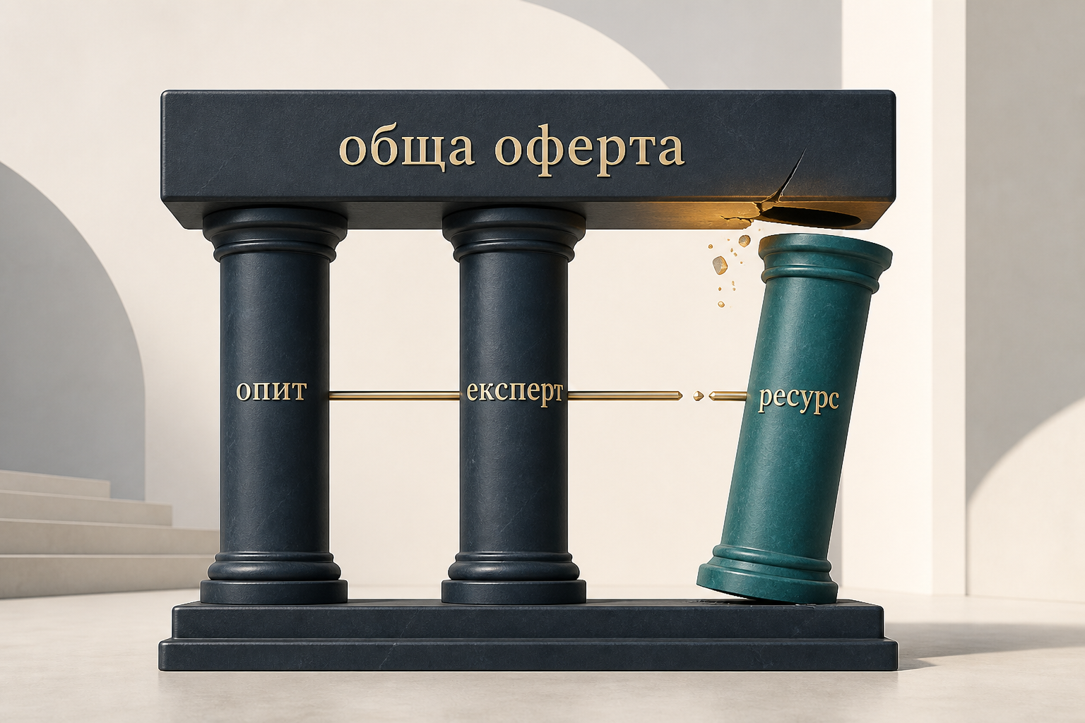 Концептуална илюстрация на обща оферта, поддържана от опит, експерт и ресурс, при която отпадането на ключов ресурс създава нестабилност.